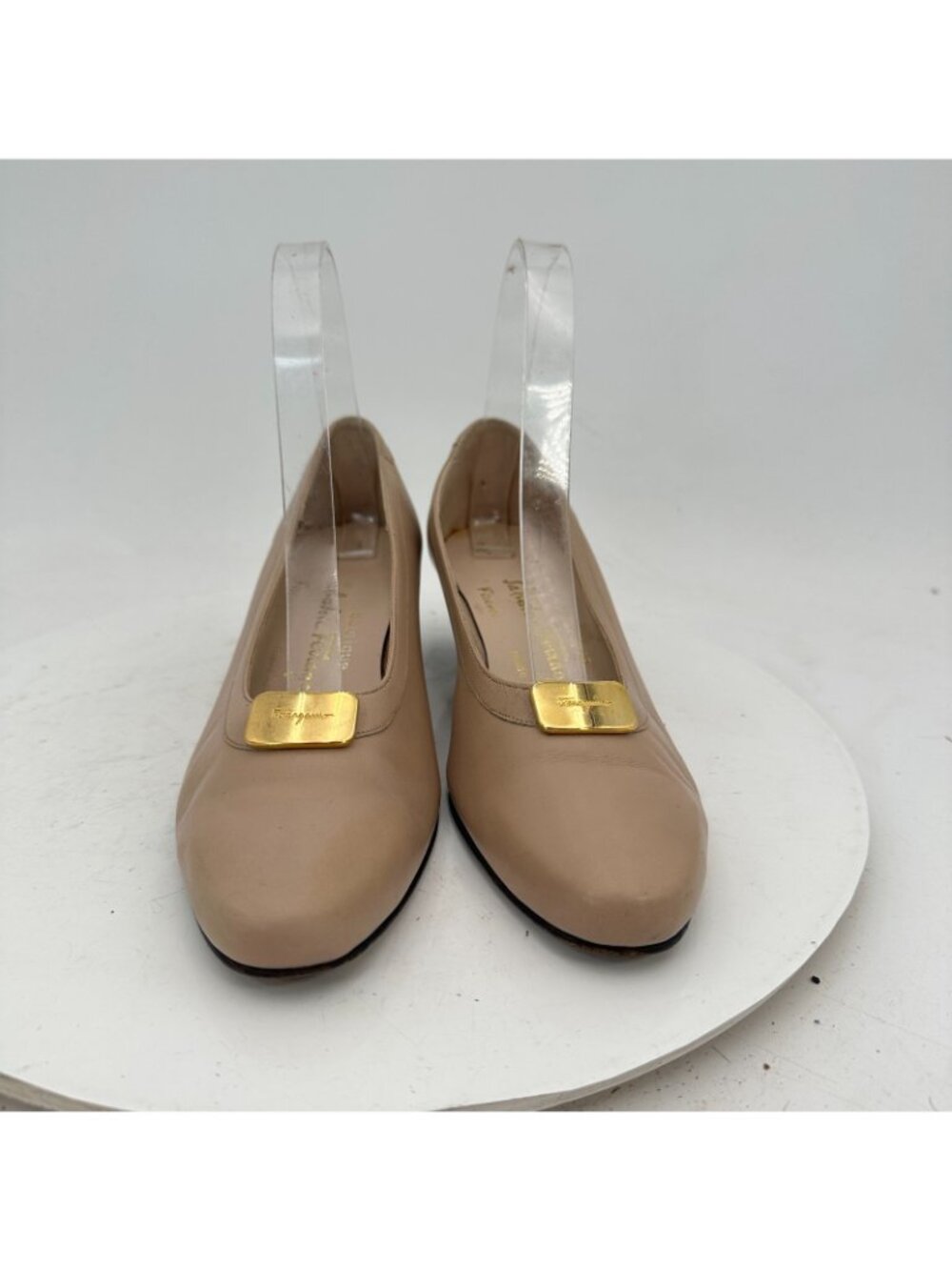 Salvatore Ferragamo Women Size 4.5C Taupe Gold-Ornament Pumps - Picture 2 of 11
